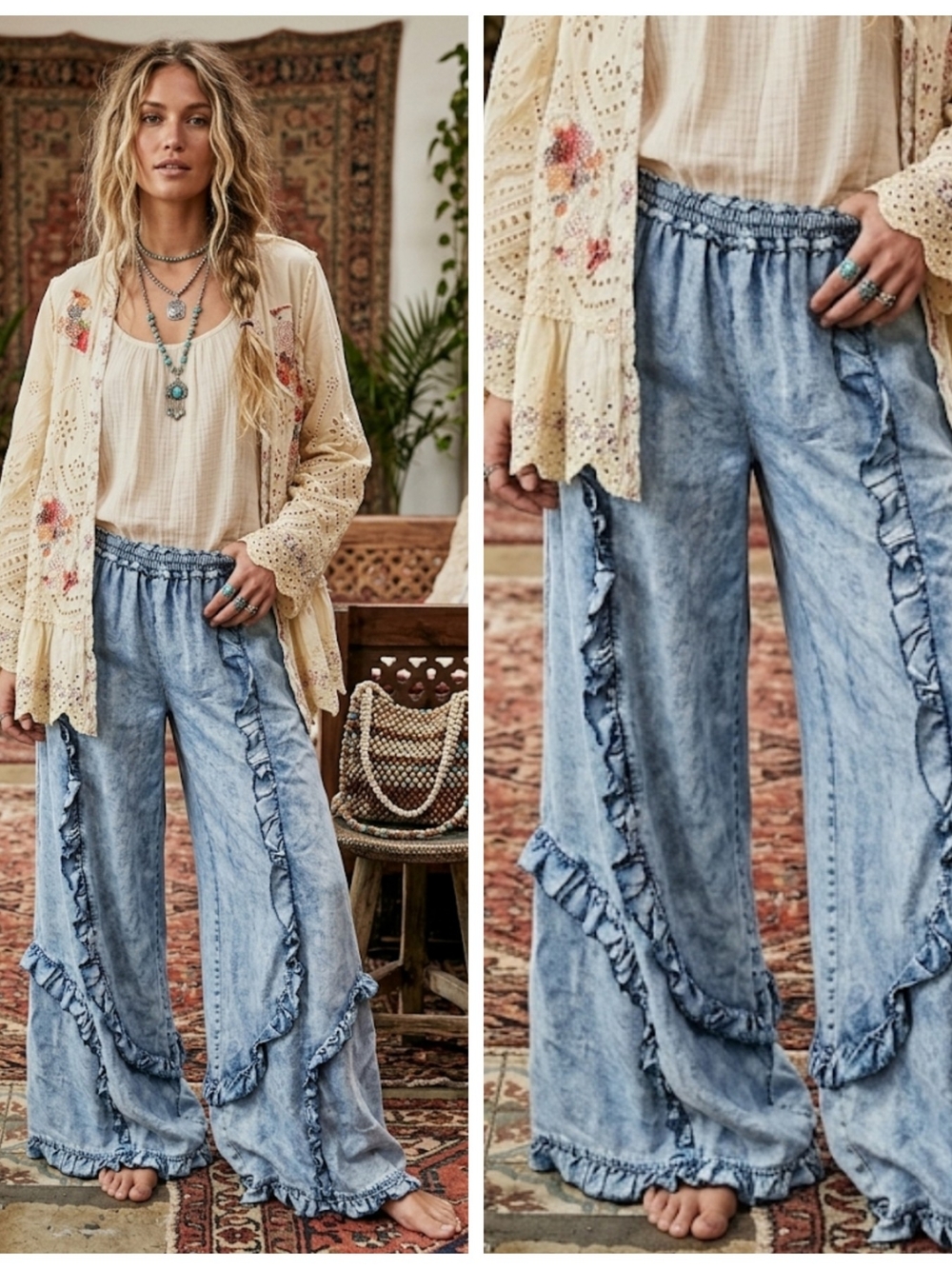 Light Wash Tencel  Ruffled Wide Leg Jeans Pants - Blue